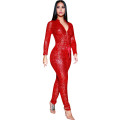 C3674 hot sale stand collar long sleeves rompers women fitness jumpsuit bandage shiny sexy jumpsuit 2019